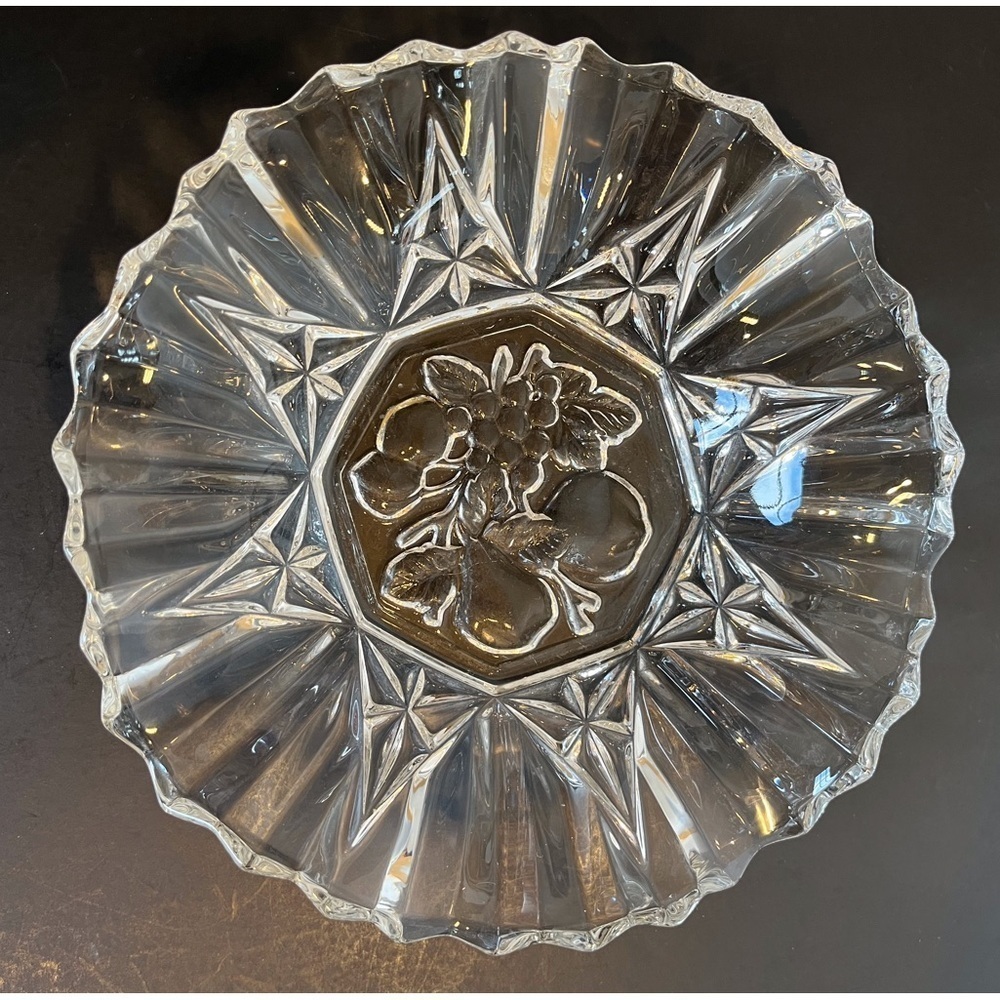 Vintage Clear Federal Glass Ruffled Edge Dish with Fruit Design